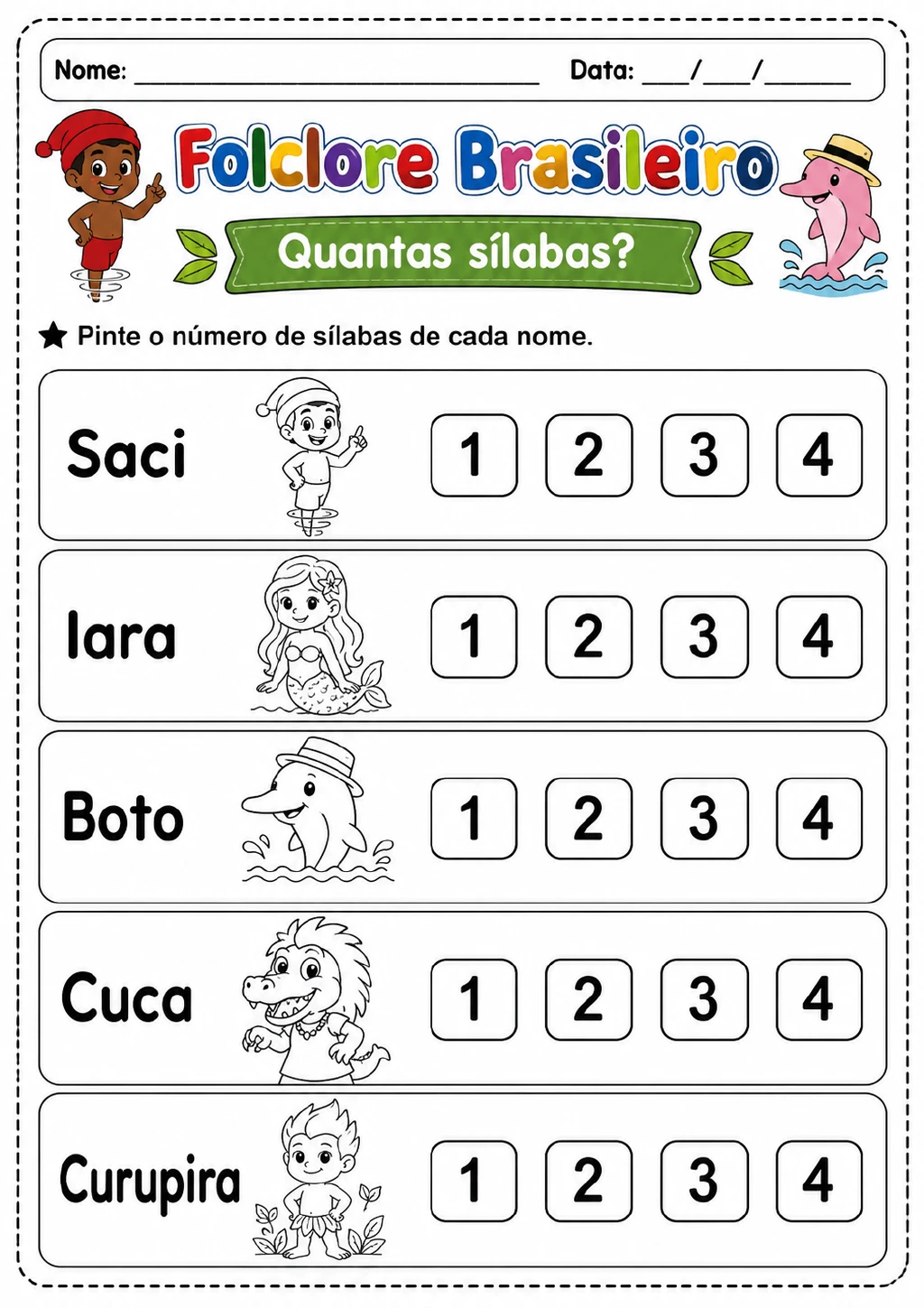 Linhas com os nomes Saci, Iara, Boto, Cuca e Curupira e opções numéricas de 1 a 4 para indicar a quantidade de sílabas.