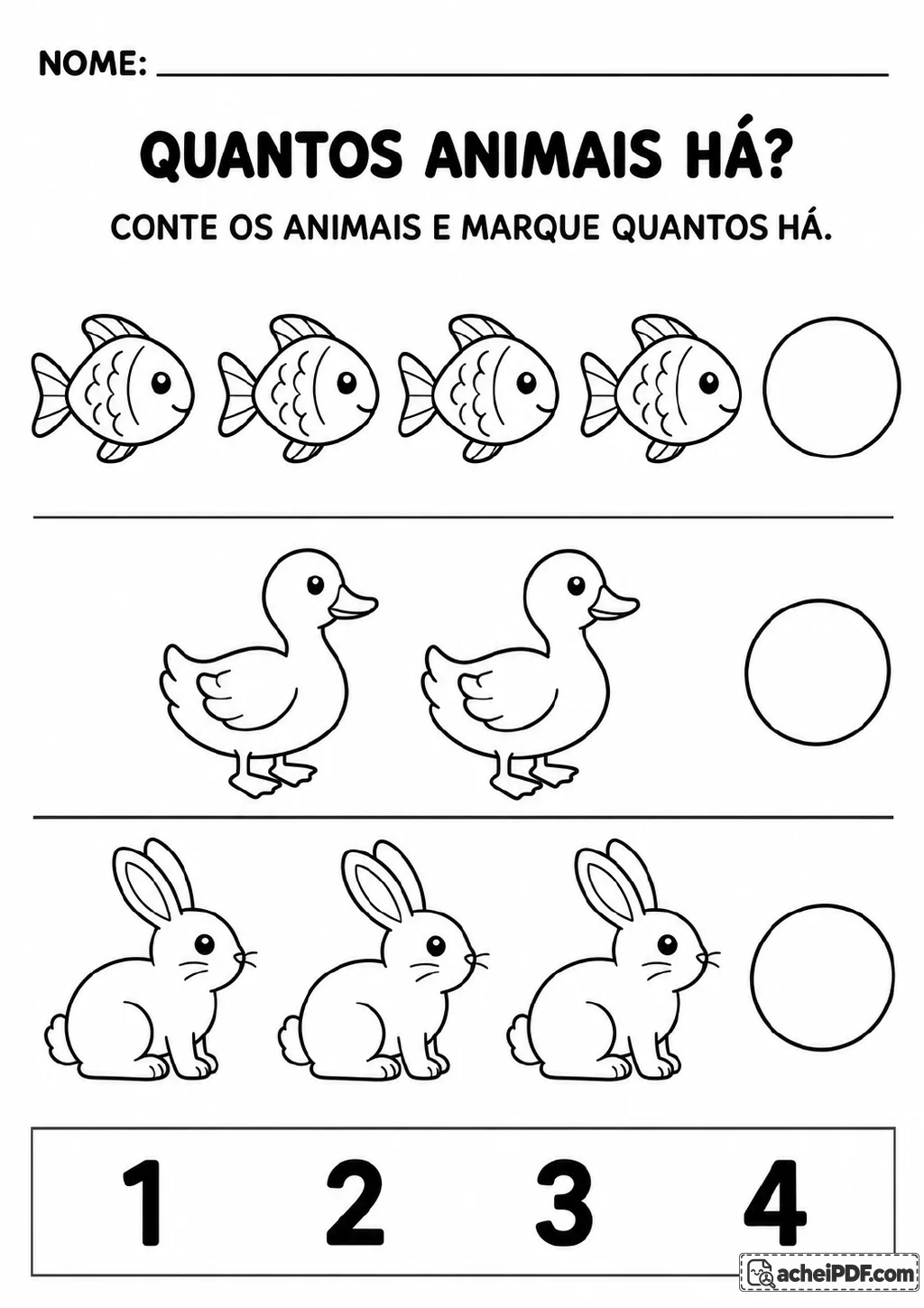 Três grupos de animais: 4 peixes, 2 patos e 3 coelhos. Ao lado de cada grupo, há círculos de marcação e os numerais de 1 a 4.