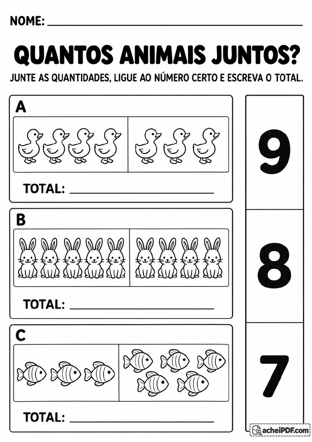Três conjuntos identificados por A, B e C, com patos, coelhos e peixes em dois grupos, numerais 9.