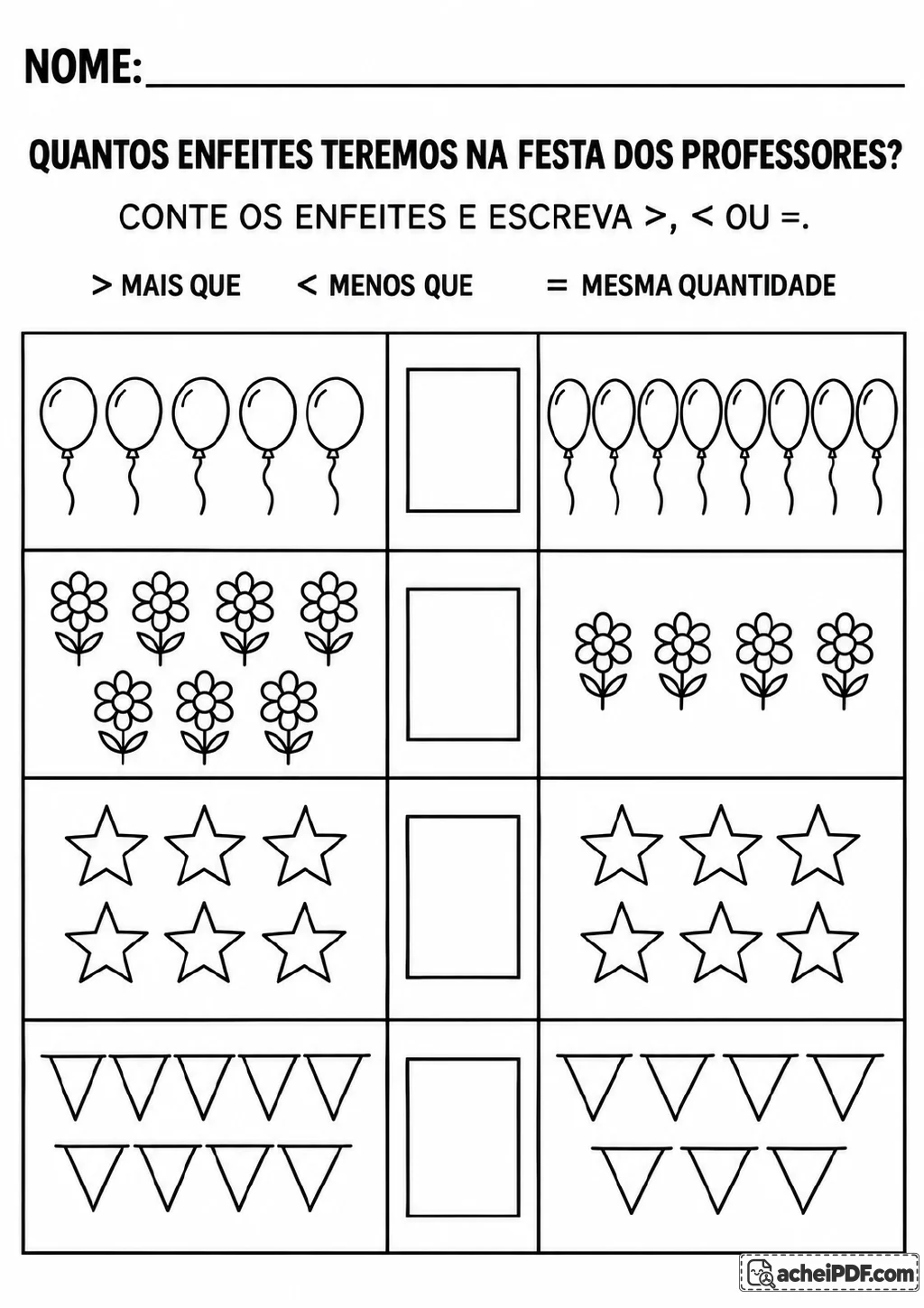 Tabela em preto e branco com quatro comparações de enfeites: balões, flores, estrelas e bandeirinhas.