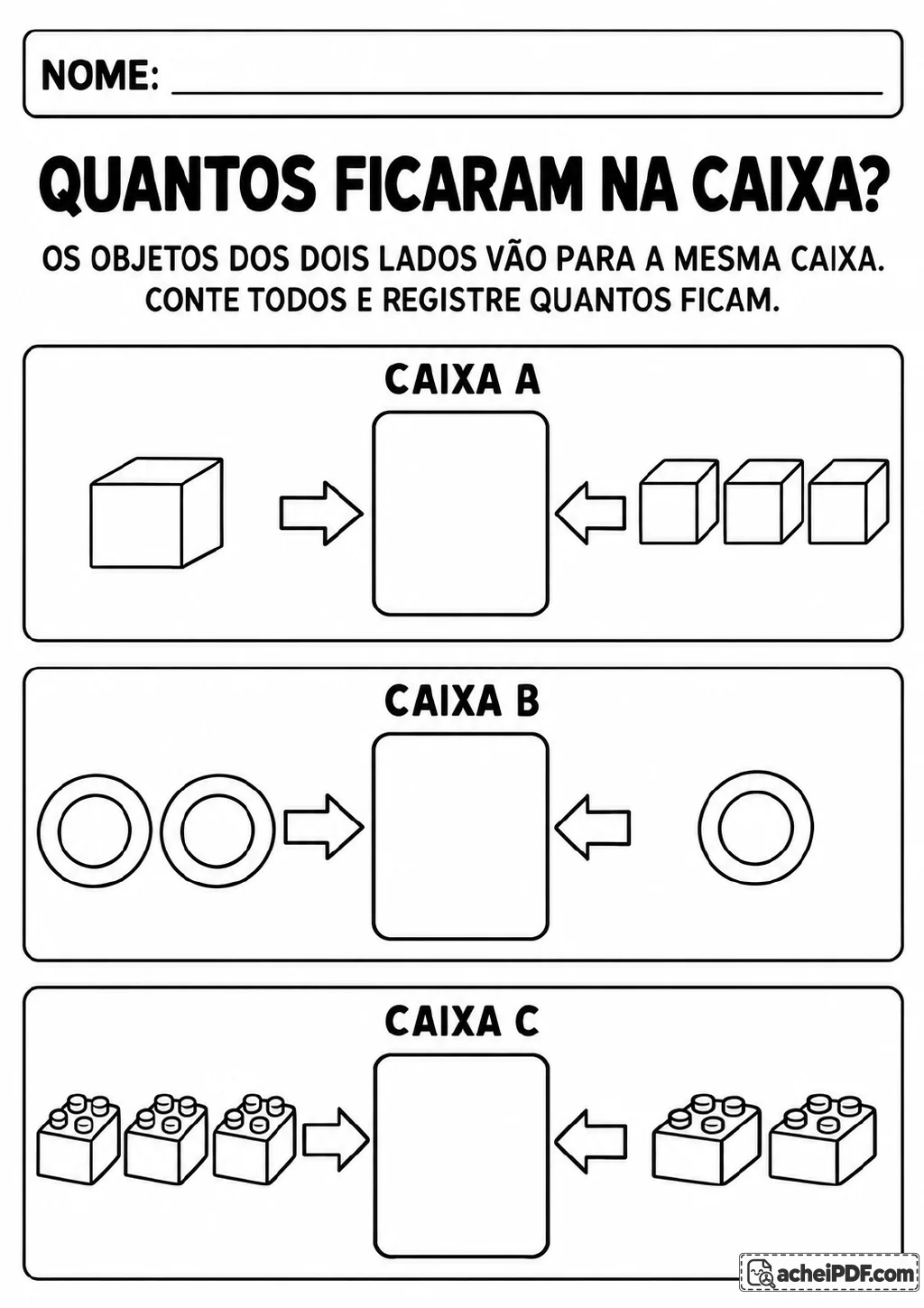 Três caixas, identificadas como A, B e C, recebem objetos por setas: cubos na caixa A.