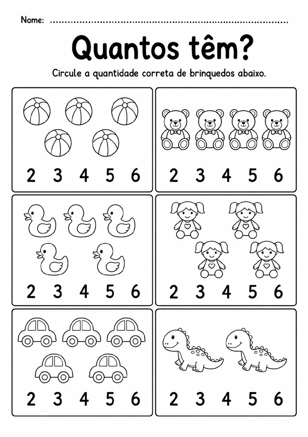 Seis quadros de contagem com bolas, ursinhos, patos, bonecas, carros e dinossauros.