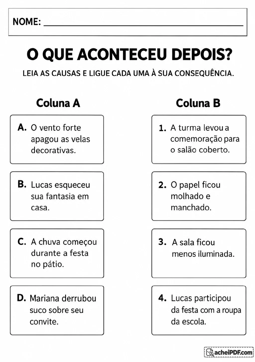 Duas colunas de cartões para relacionar causas e consequências, com situações sobre velas, fantasia, chuva, suco e convite.