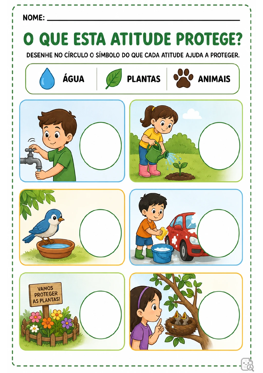 Gota, folha e pata aparecem como símbolos de água, plantas e animais. Seis cenas.