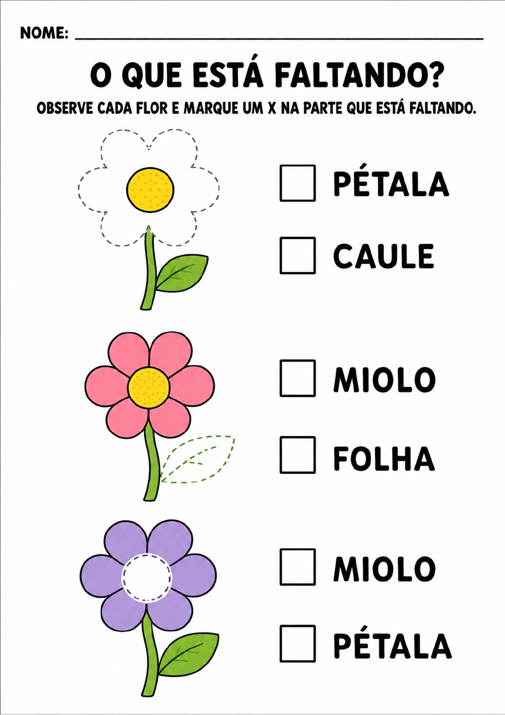 Três flores incompletas: a primeira sem pétalas, a segunda sem folha e a terceira sem miolo.