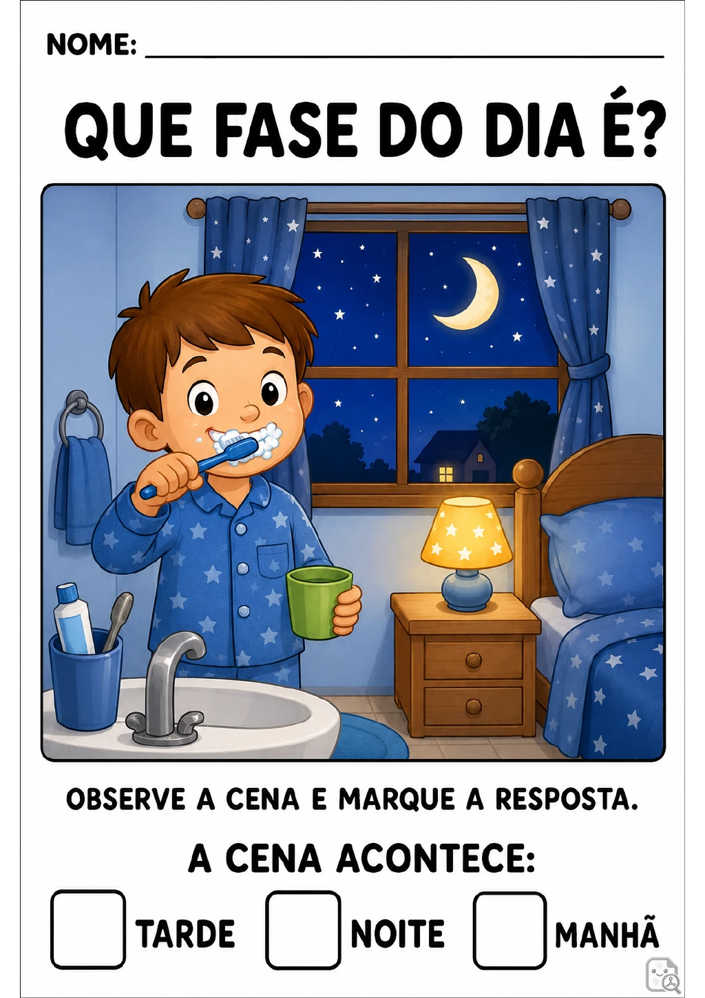 Menino de pijama azul com estrelas escova os dentes diante da pia; pela janela aparecem lua e estrelas.
