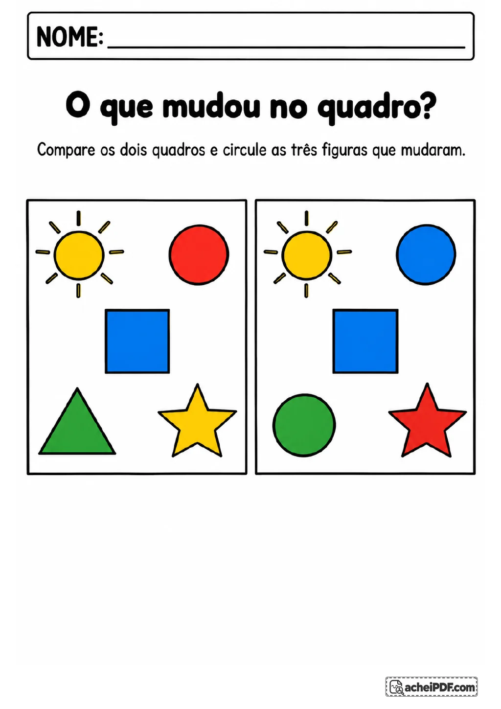 Dois quadros coloridos com sol, círculos, quadrado, triângulo e estrela para comparar as diferenças.