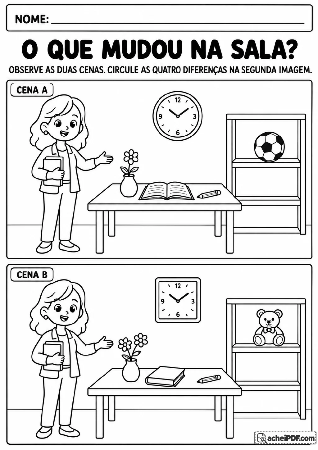 Duas cenas de sala de aula identificadas como Cena A e Cena B, com diferenças no relógio, no objeto da estante.