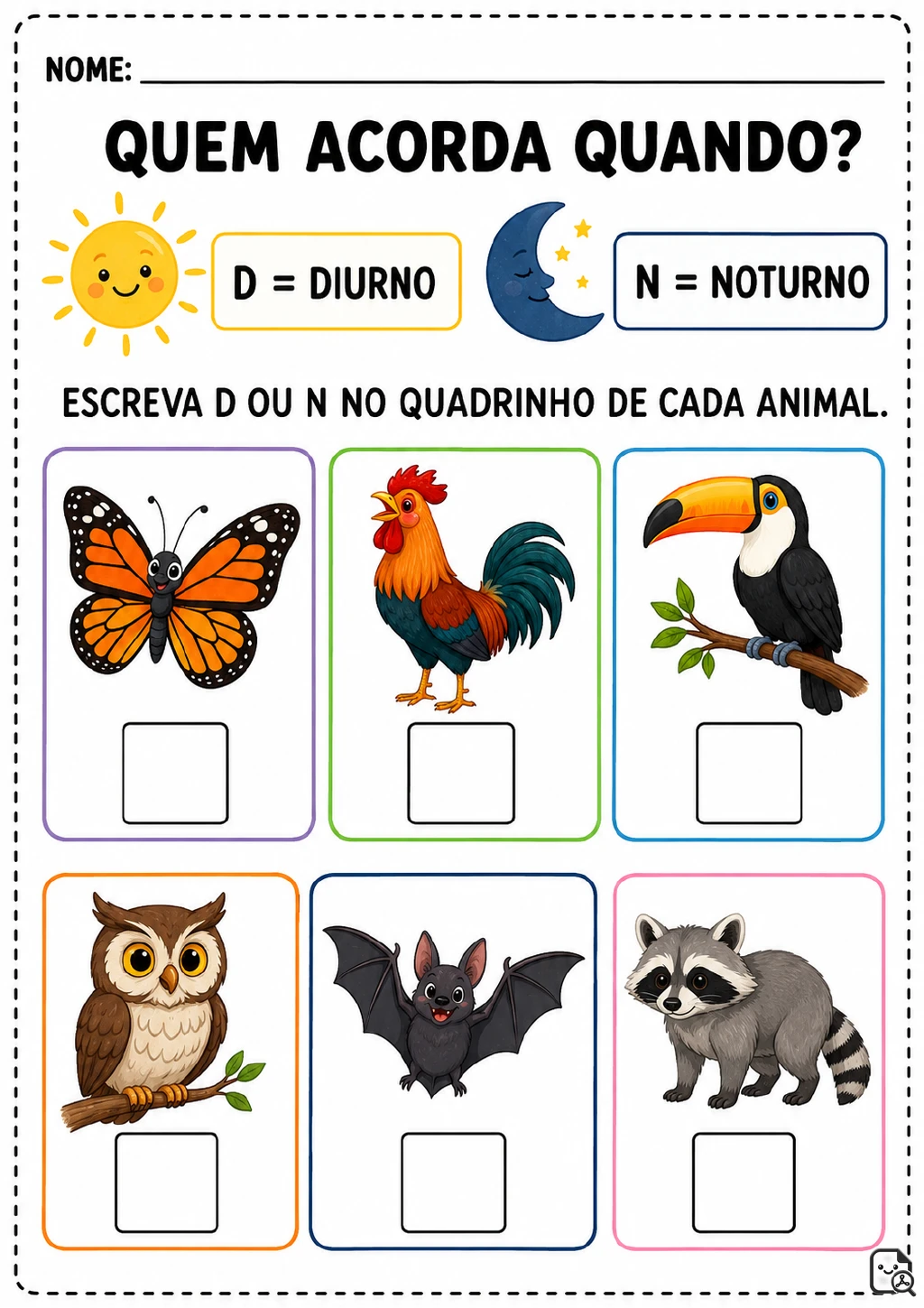 Seis cartões com borboleta, galo, tucano, coruja, morcego e guaxinim, cada um com um quadrinho de resposta.