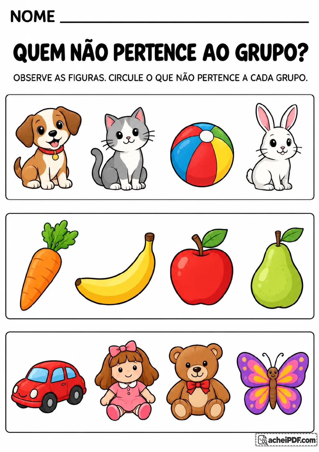 Três grupos em caixas contornadas: cachorro, gato, bola e coelho; cenoura, banana, maçã e pera; carro, boneca.