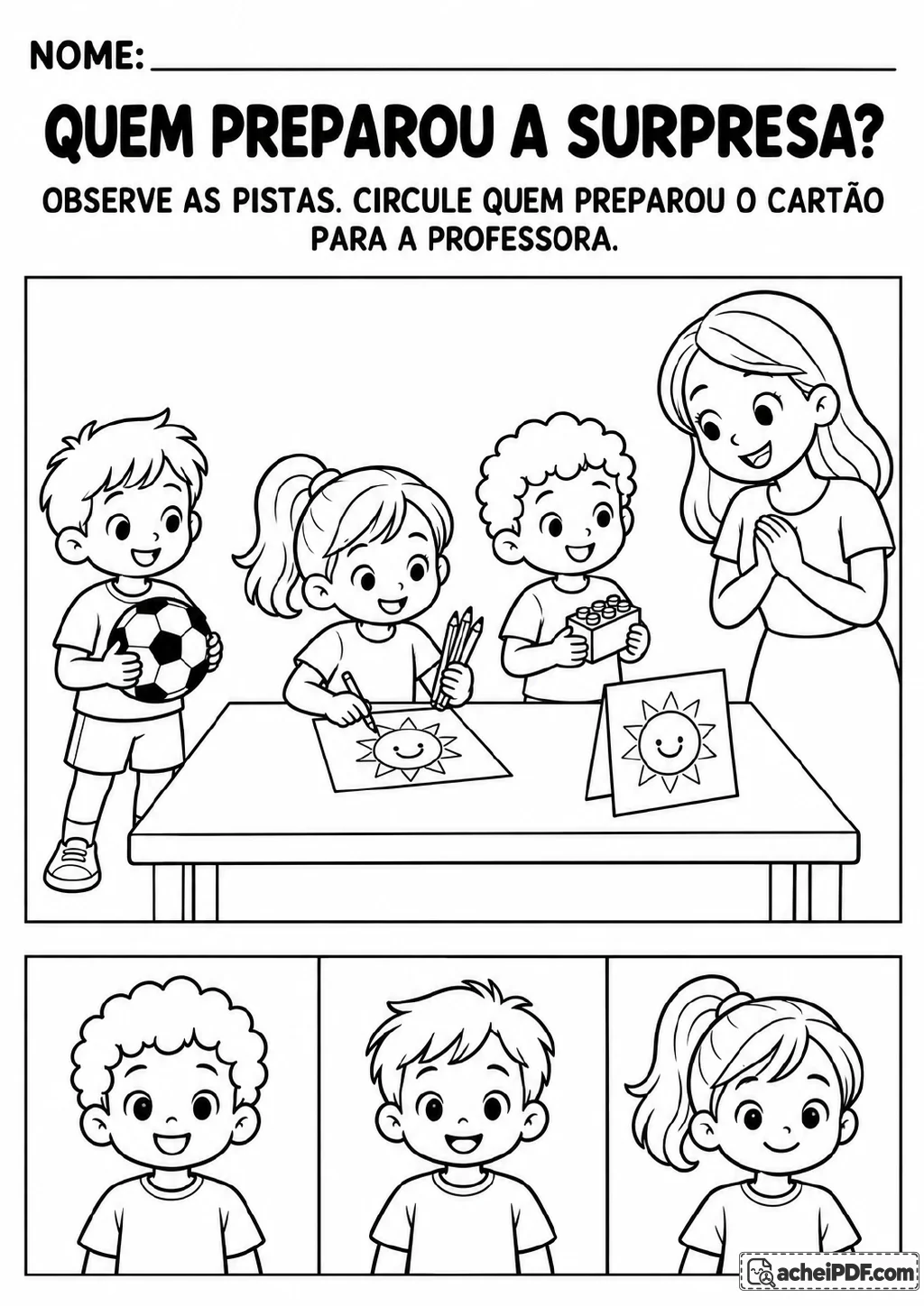 Menina desenha um sol em um cartão sobre a mesa; ao lado, três retratos de crianças incluem uma com bola.