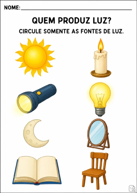 Oito ilustrações em duas colunas mostram sol, vela, lanterna, lâmpada, Lua, espelho, livro e cadeira.