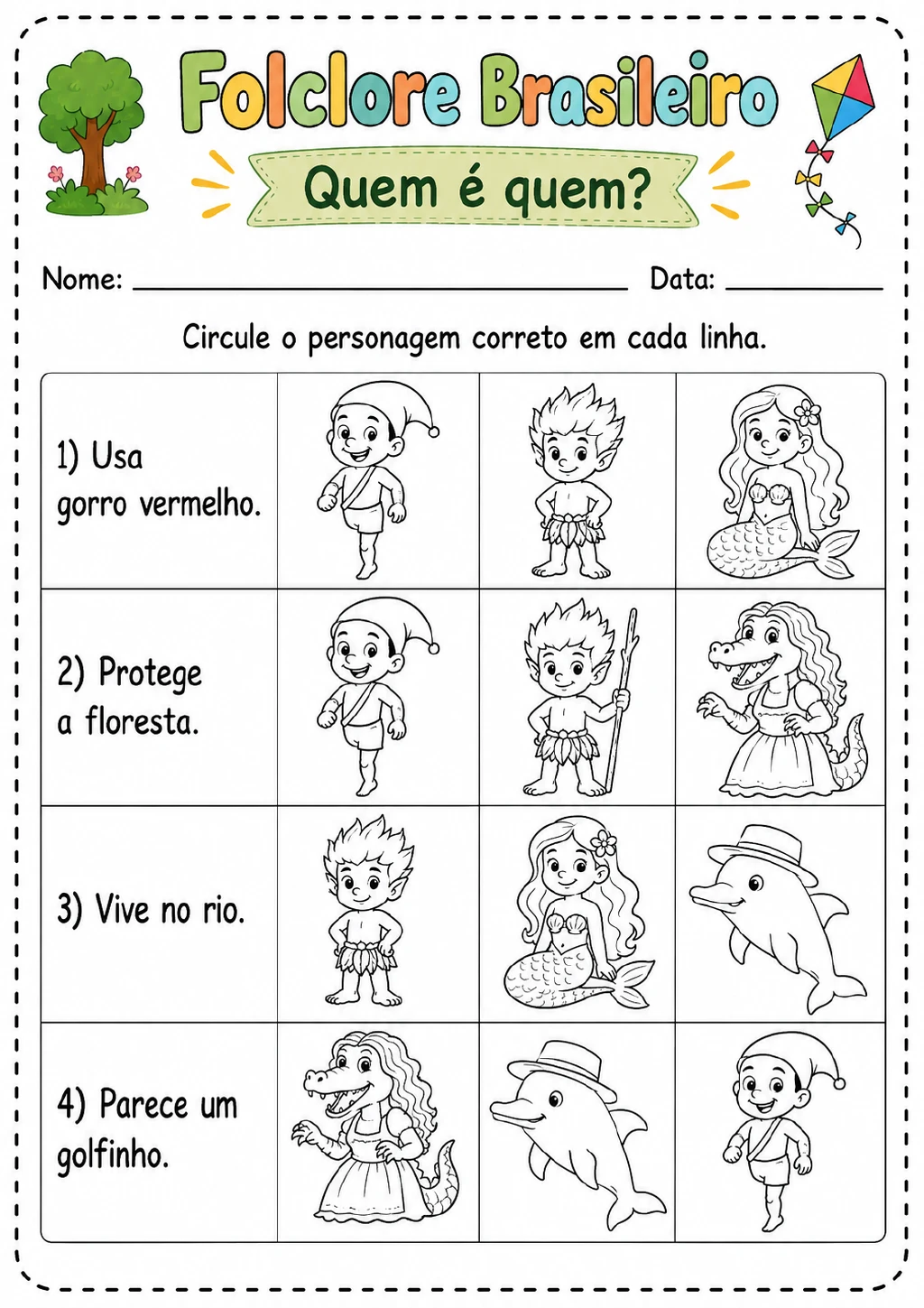 Tabela com quatro pistas numeradas sobre gorro vermelho, floresta, rio e golfinho.