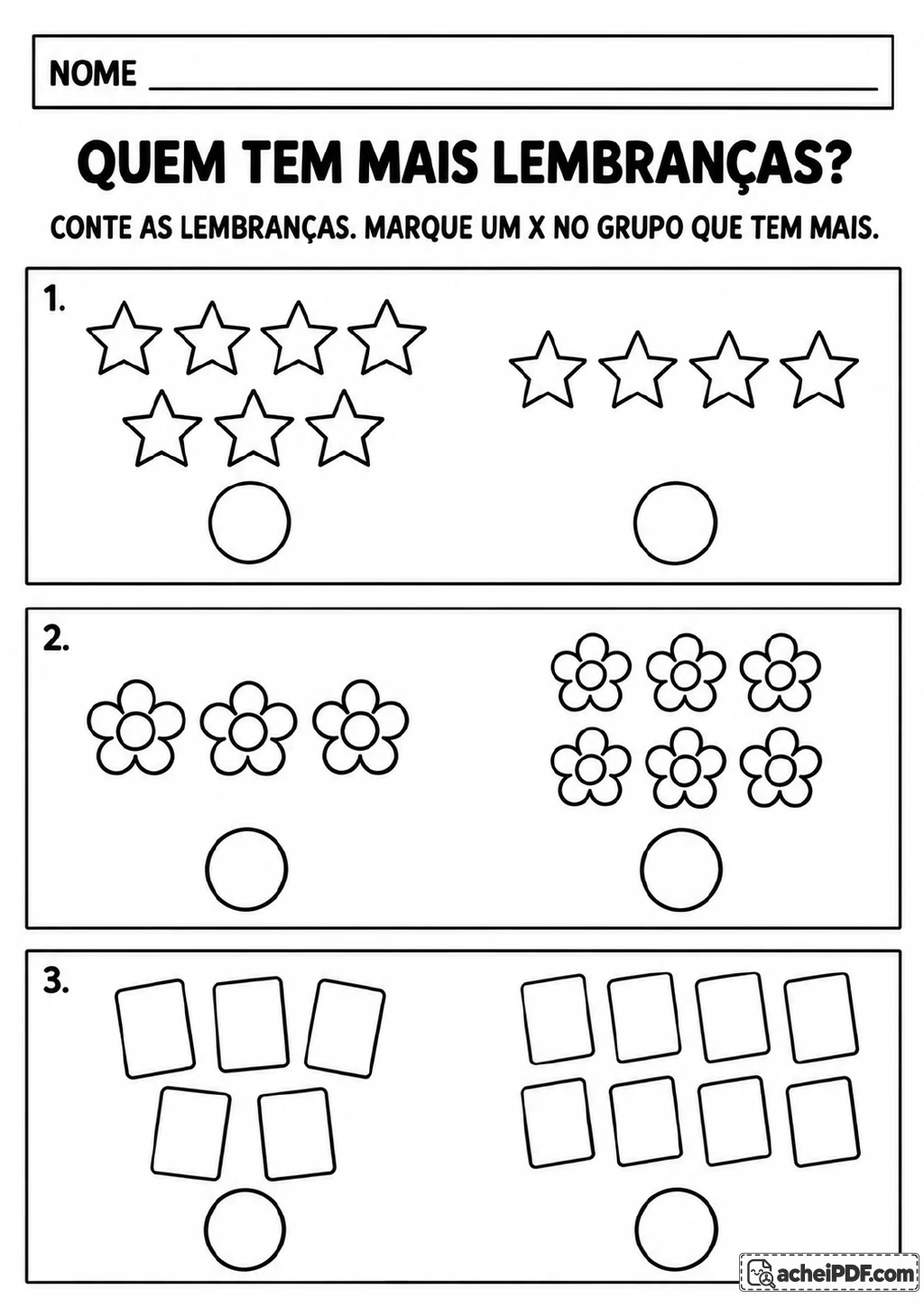 Três comparações entre grupos de estrelas, flores e cartões, cada uma com dois círculos para marcar a maior quantidade.