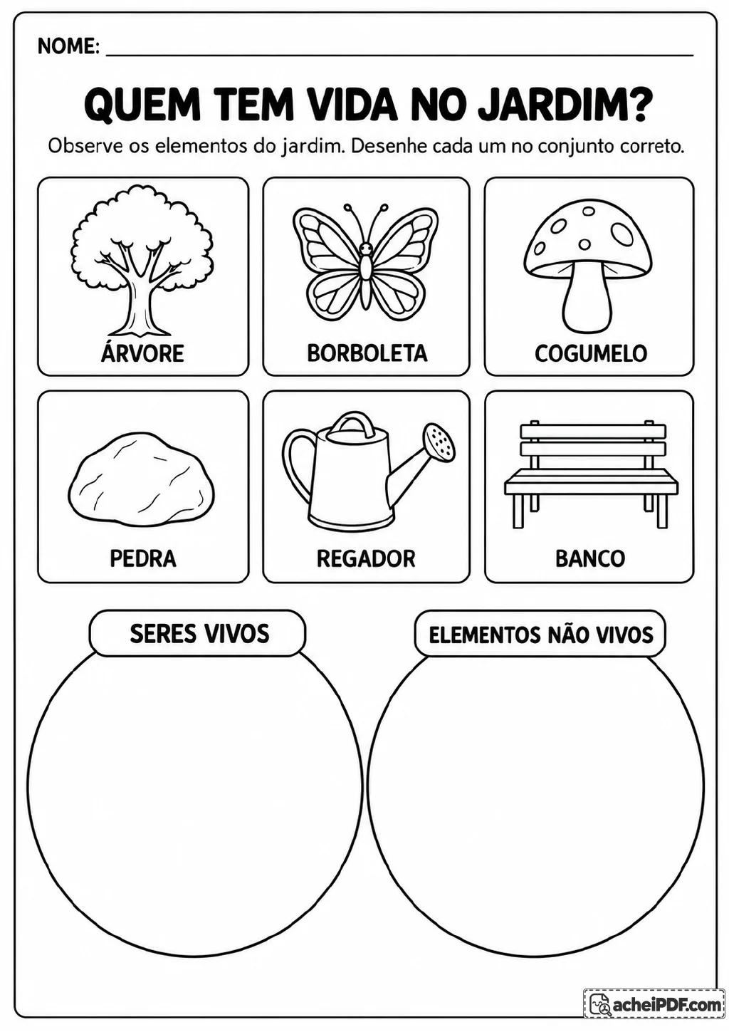 Desenhos de árvore, borboleta, cogumelo, pedra, regador e banco, com dois conjuntos circulares identificados como seres.