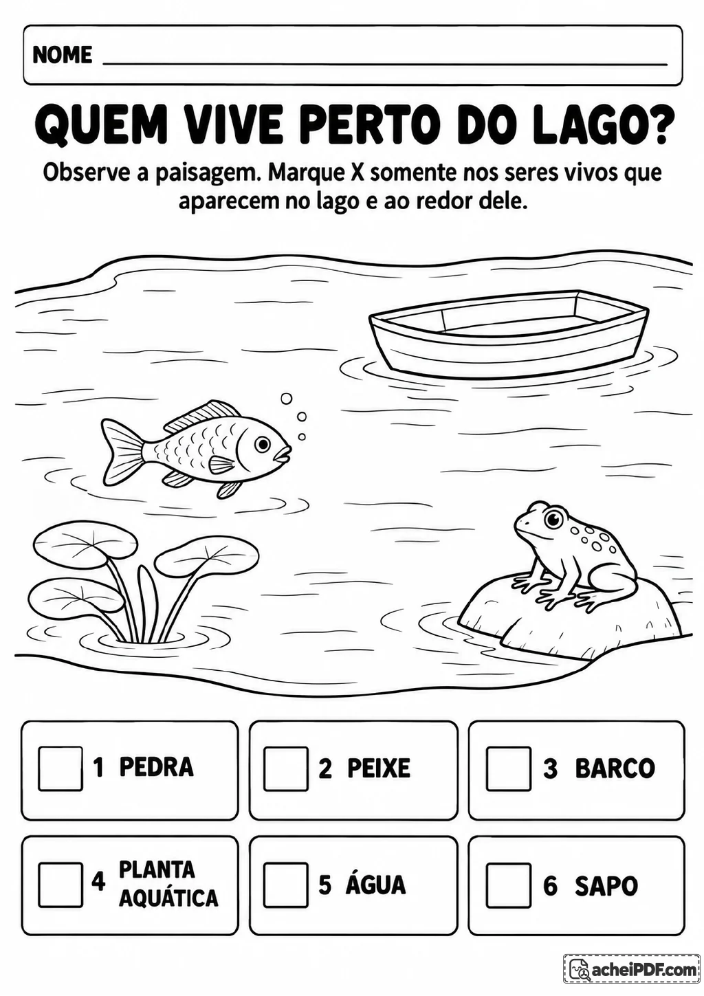 Paisagem de lago com peixe, sapo, planta aquática, pedra, barco e água, acompanhada de opções numeradas.