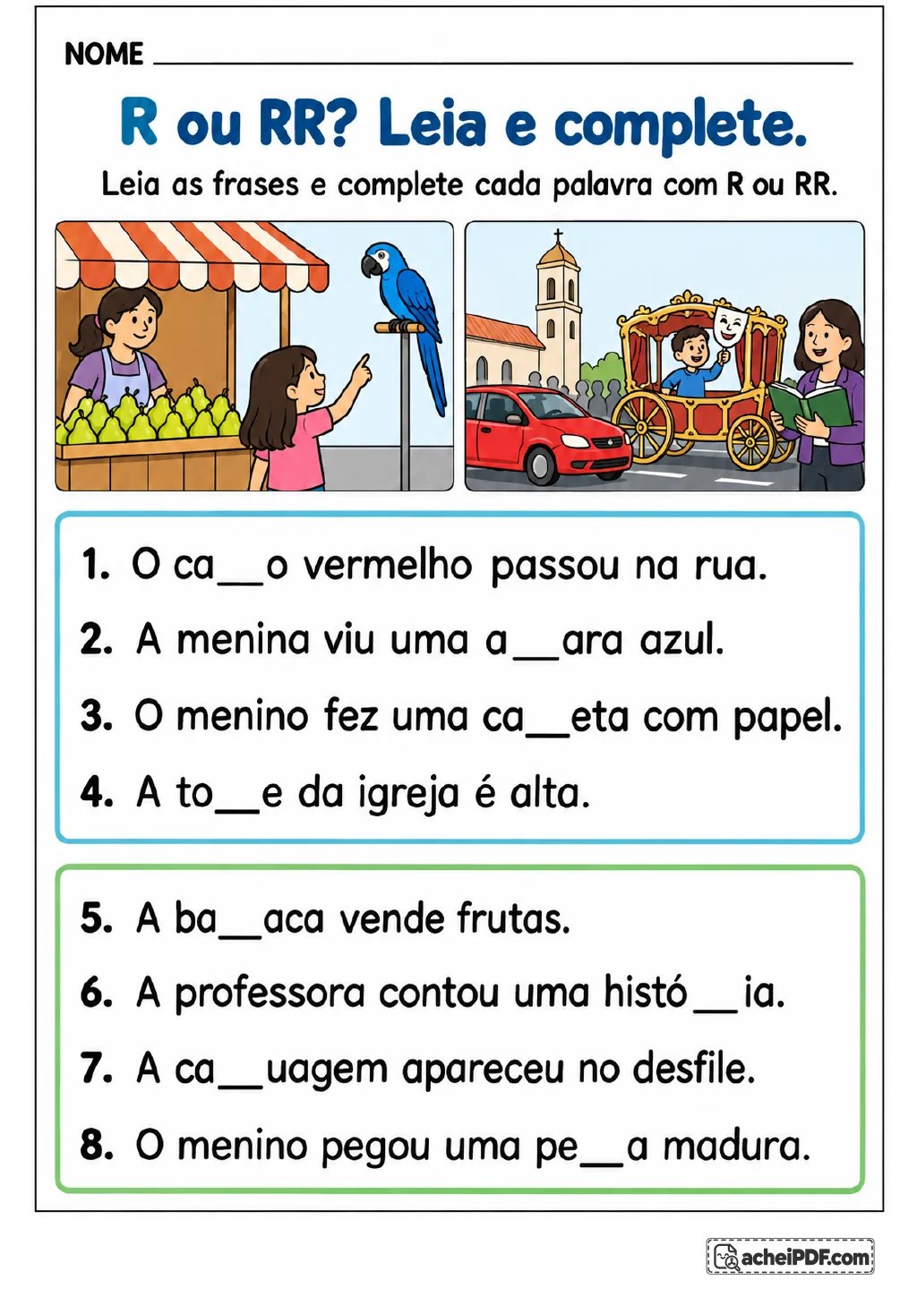 Dois quadros, um com contorno azul e outro verde, reúnem oito frases numeradas com lacunas para completar com R ou RR.