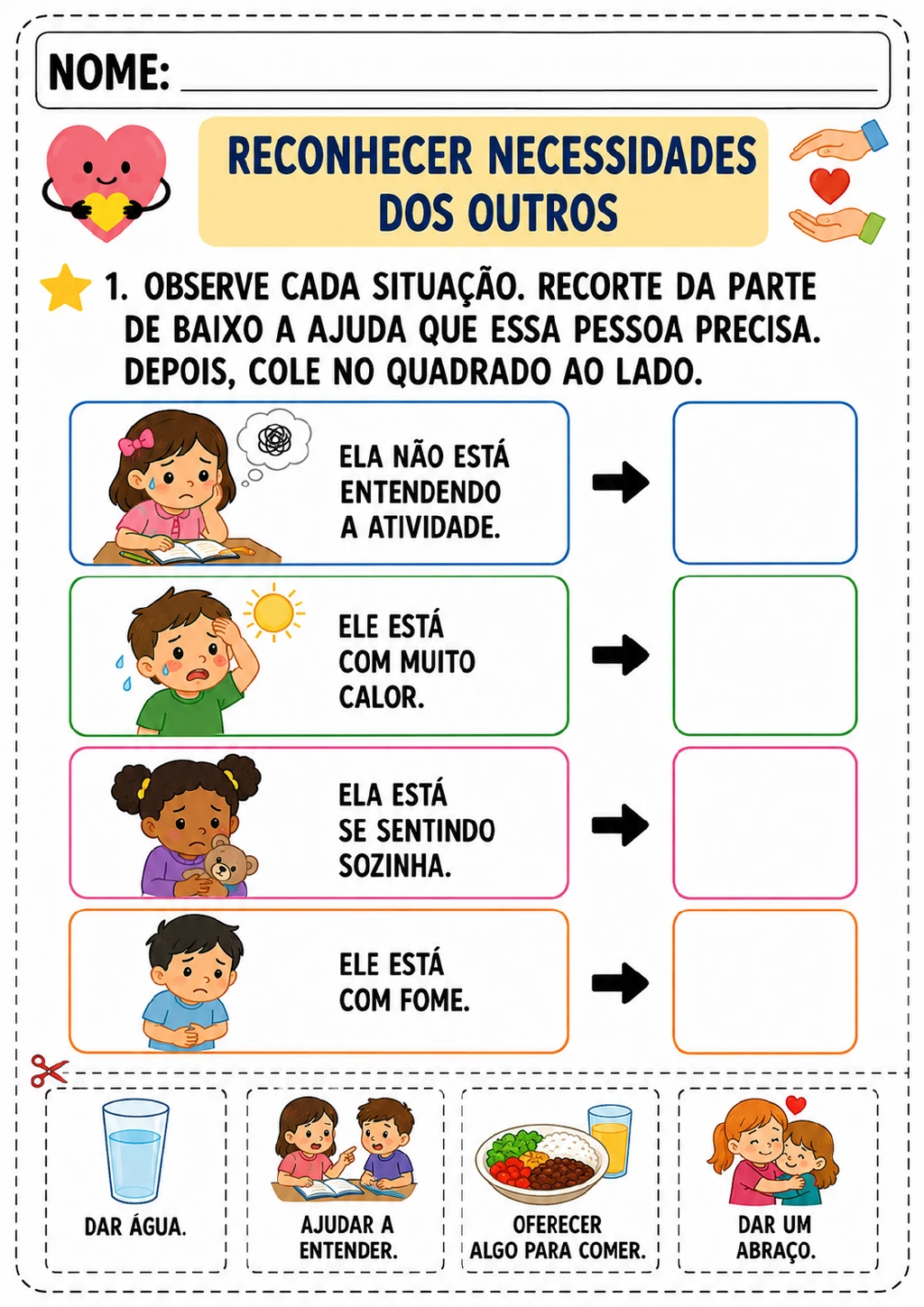 Quatro crianças representam dificuldade para entender, calor, solidão e fome. Setas apontam para quadrados de colagem.