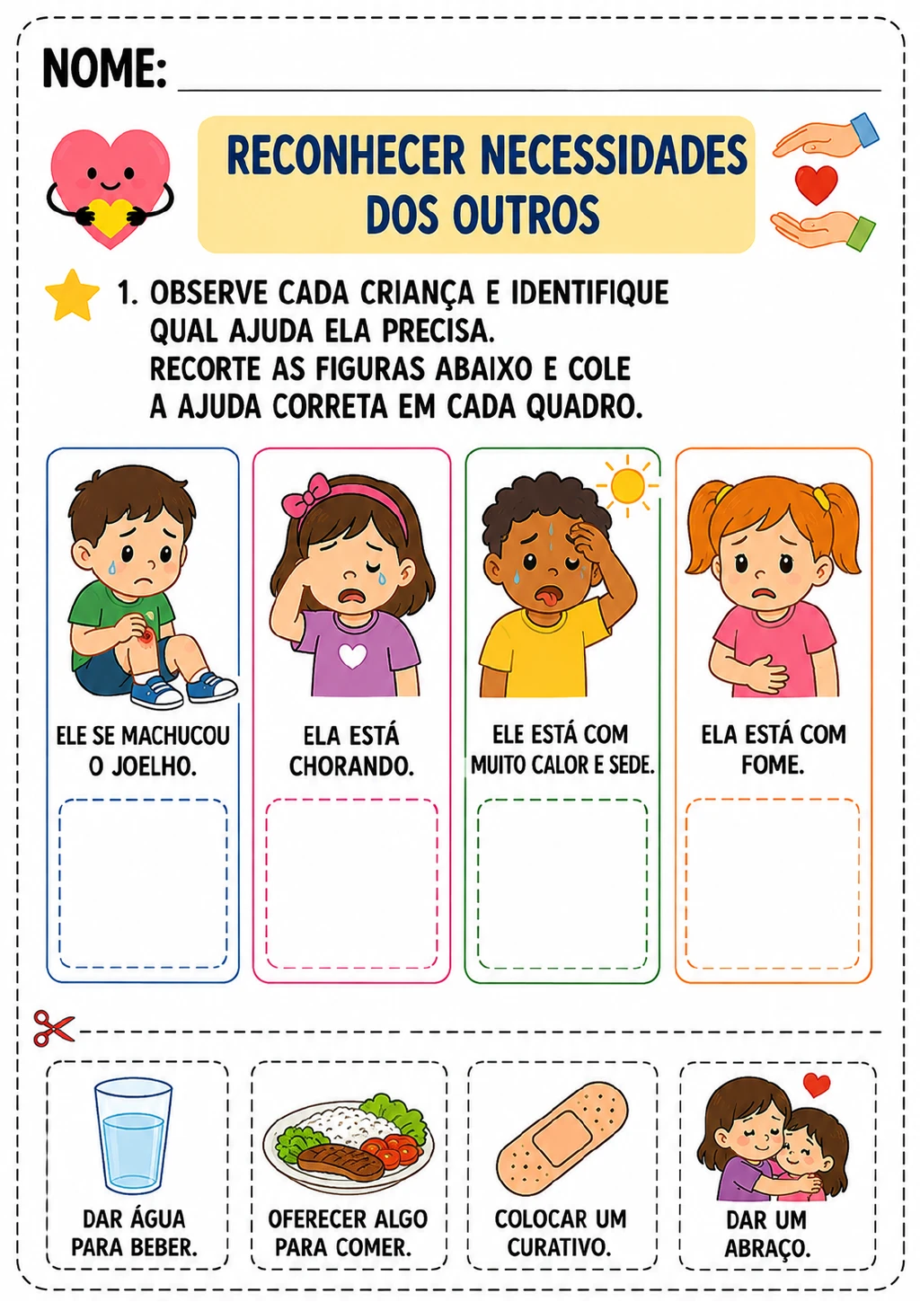 Quatro crianças representam machucado, choro, sede e fome. Ao lado das cenas, há quadros tracejados para colar cartões.
