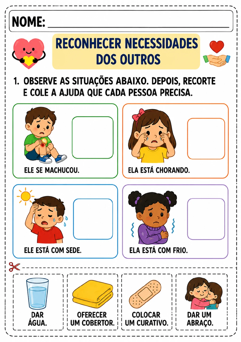 Quatro cenas mostram uma criança machucada, uma criança chorando, uma criança com sede e uma criança com frio.