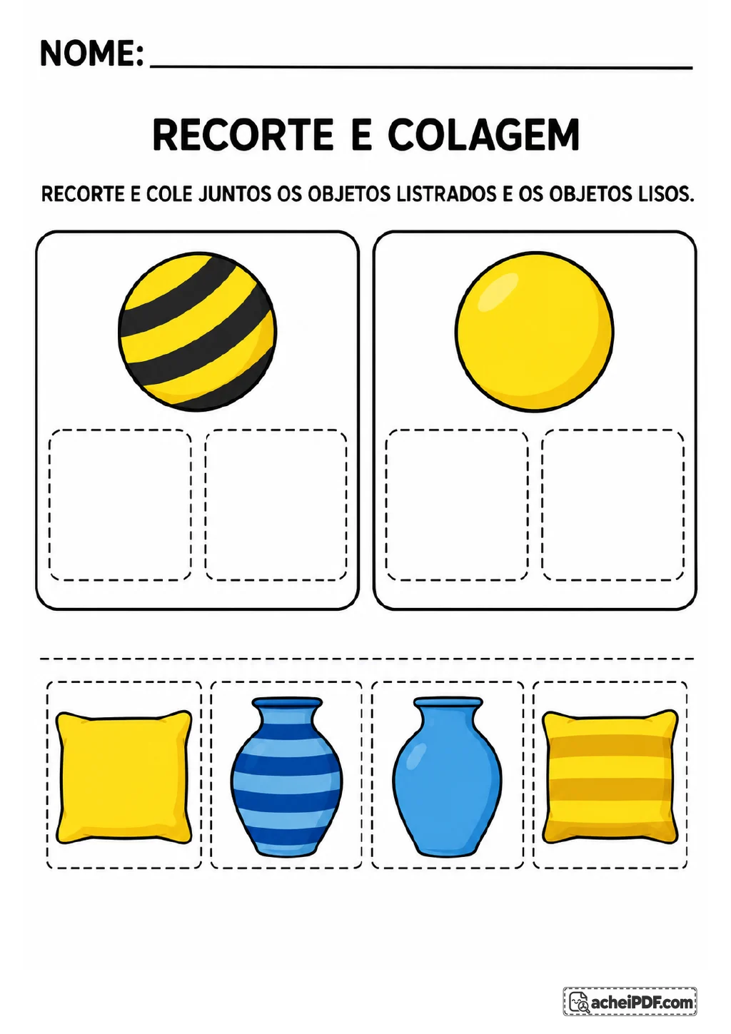 Círculos de referência liso e listrado, com almofadas e vasos lisos e listrados em peças para recortar.