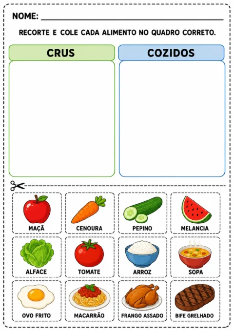 Dois quadros identificados como “Crus” e “Cozidos” e 12 cartões destacáveis em três linhas, com itens como maçã, cenoura.