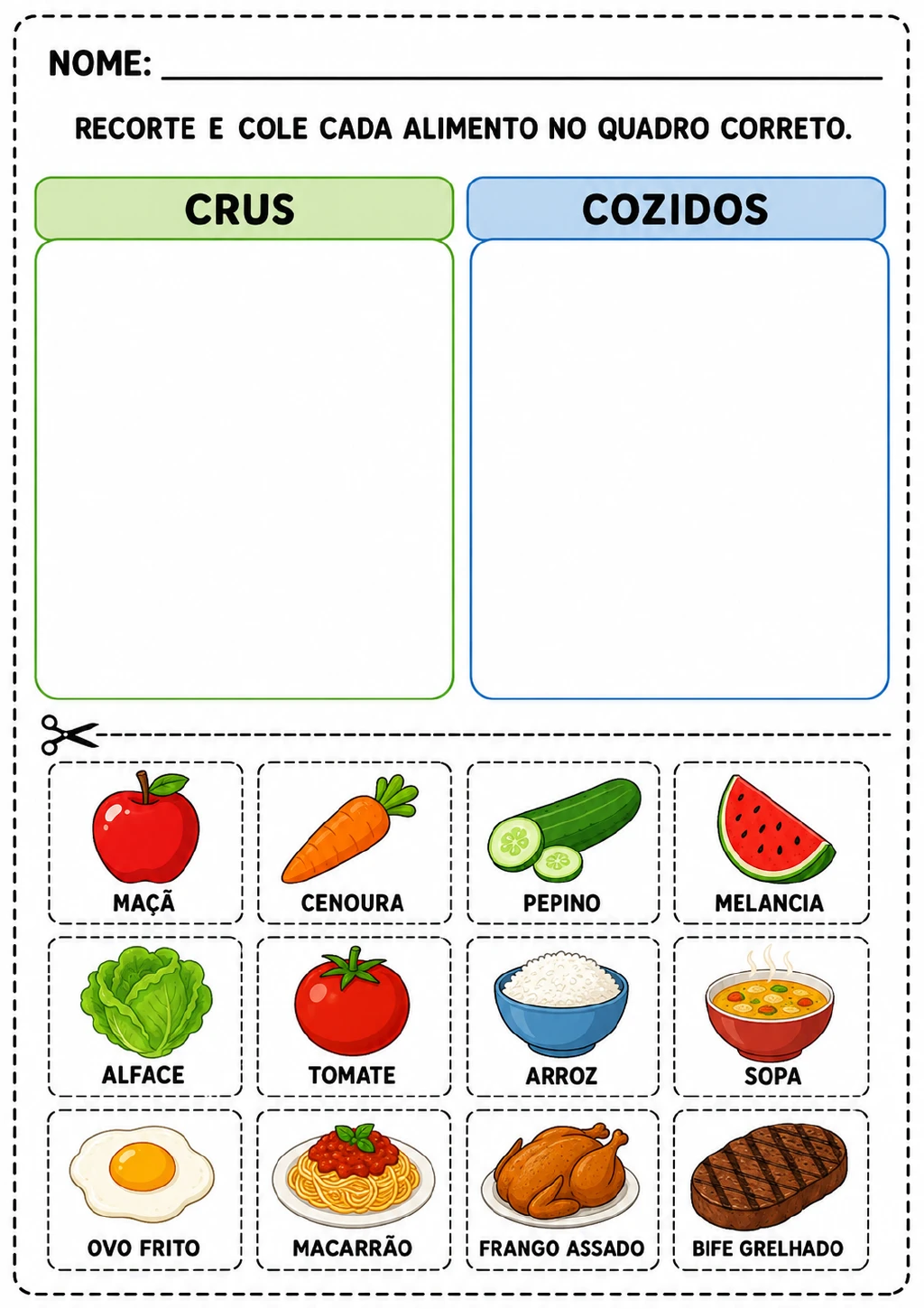 Dois quadros identificados como “Crus” e “Cozidos” e 12 cartões destacáveis em três linhas, com itens como maçã, cenoura.