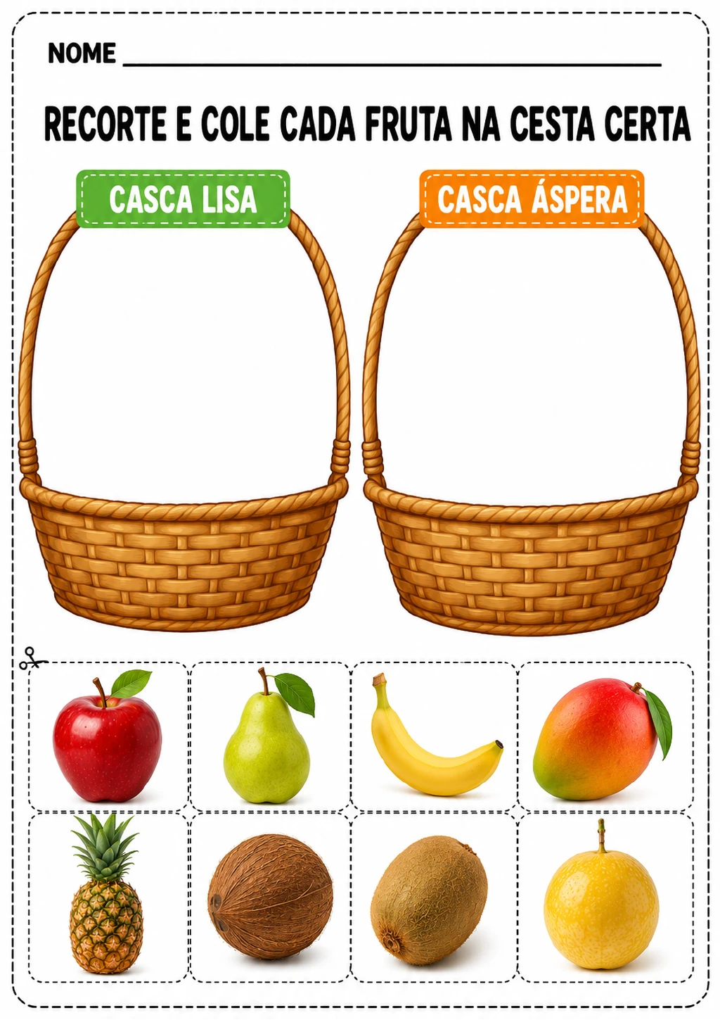 Duas cestas com os rótulos “casca lisa” e “casca áspera” acima de oito cartões de frutas tracejados para recortar.