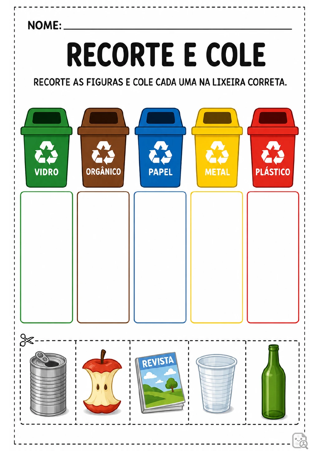 Cinco lixeiras com espaços vazios para colagem e uma faixa destacável com lata, resto de maçã, revista.