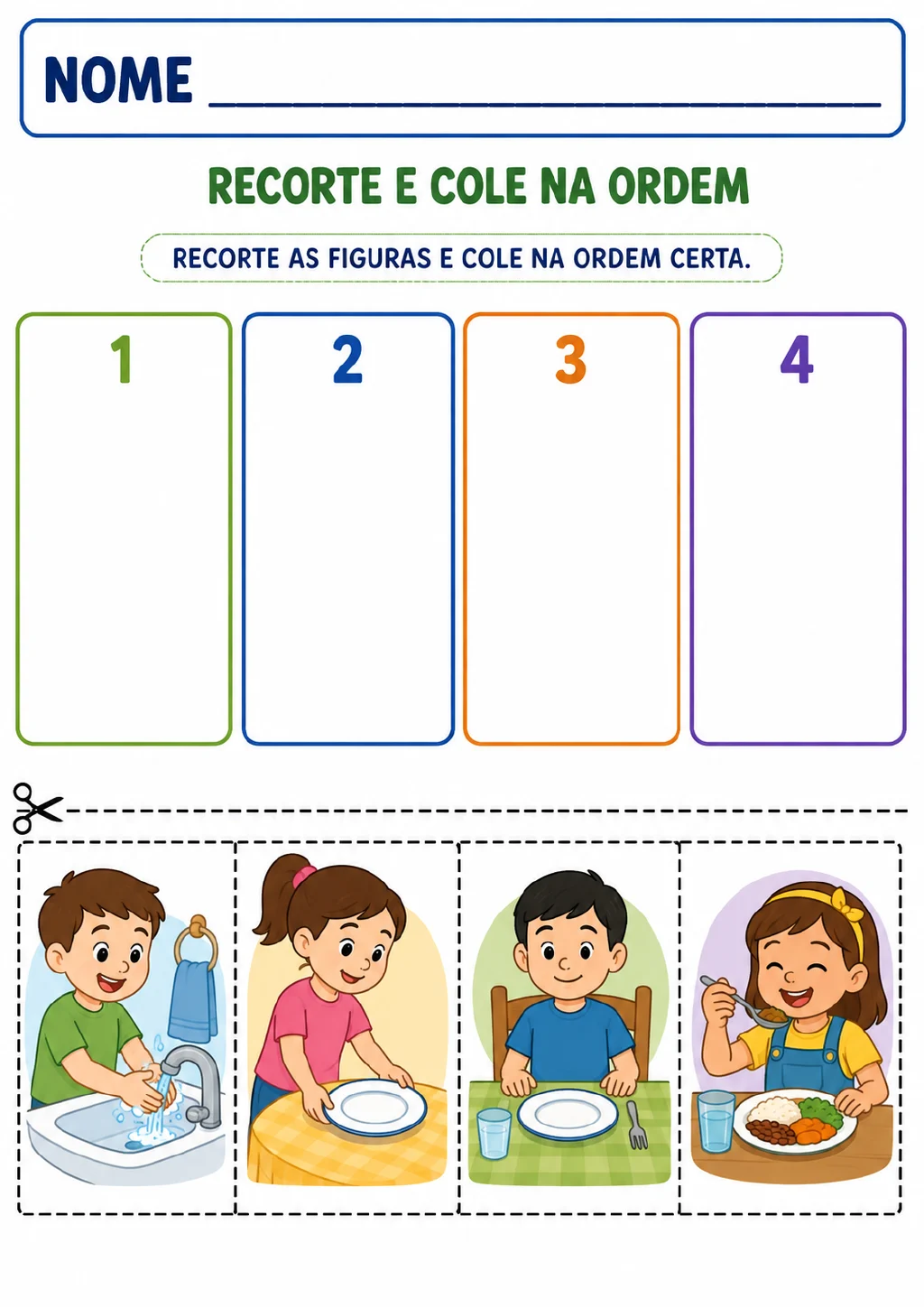 Quatro espaços numerados de 1 a 4 e quatro cartões destacáveis, delimitados por linhas tracejadas, mostram lavar as mãos.