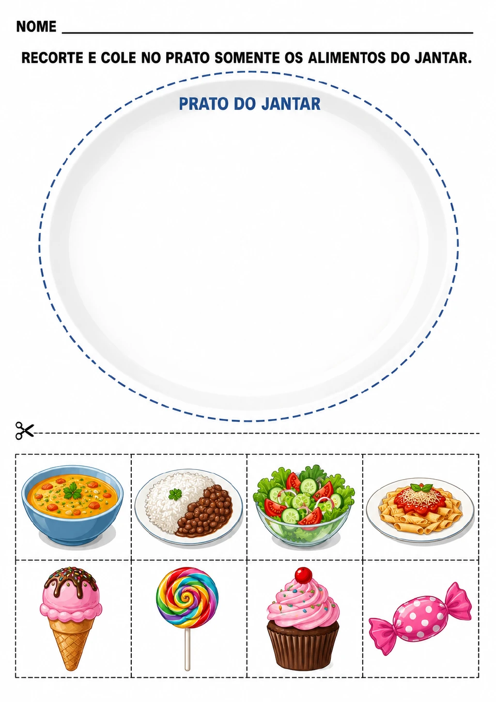 Um prato grande com o rótulo “Prato do jantar” e uma área tracejada para colagem aparece acima de oito figuras recortáveis.