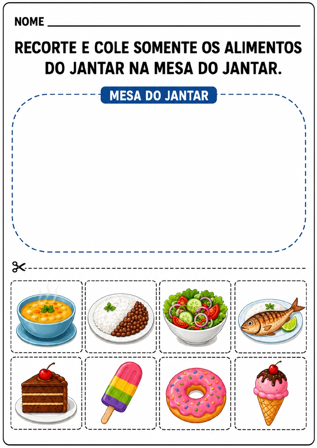 Uma grande área tracejada com o rótulo “Mesa do jantar” aparece com oito cartões recortáveis: sopa, arroz com feijão.