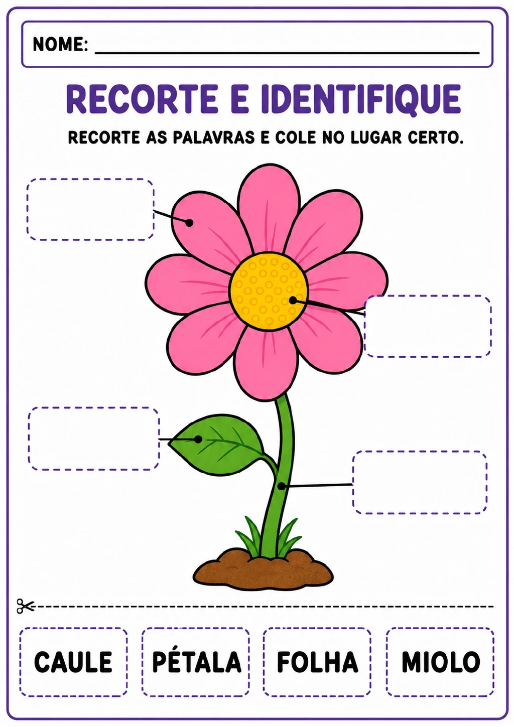 Flor com setas apontando para pétala, miolo, folha e caule, além de quatro etiquetas destacáveis com esses nomes.