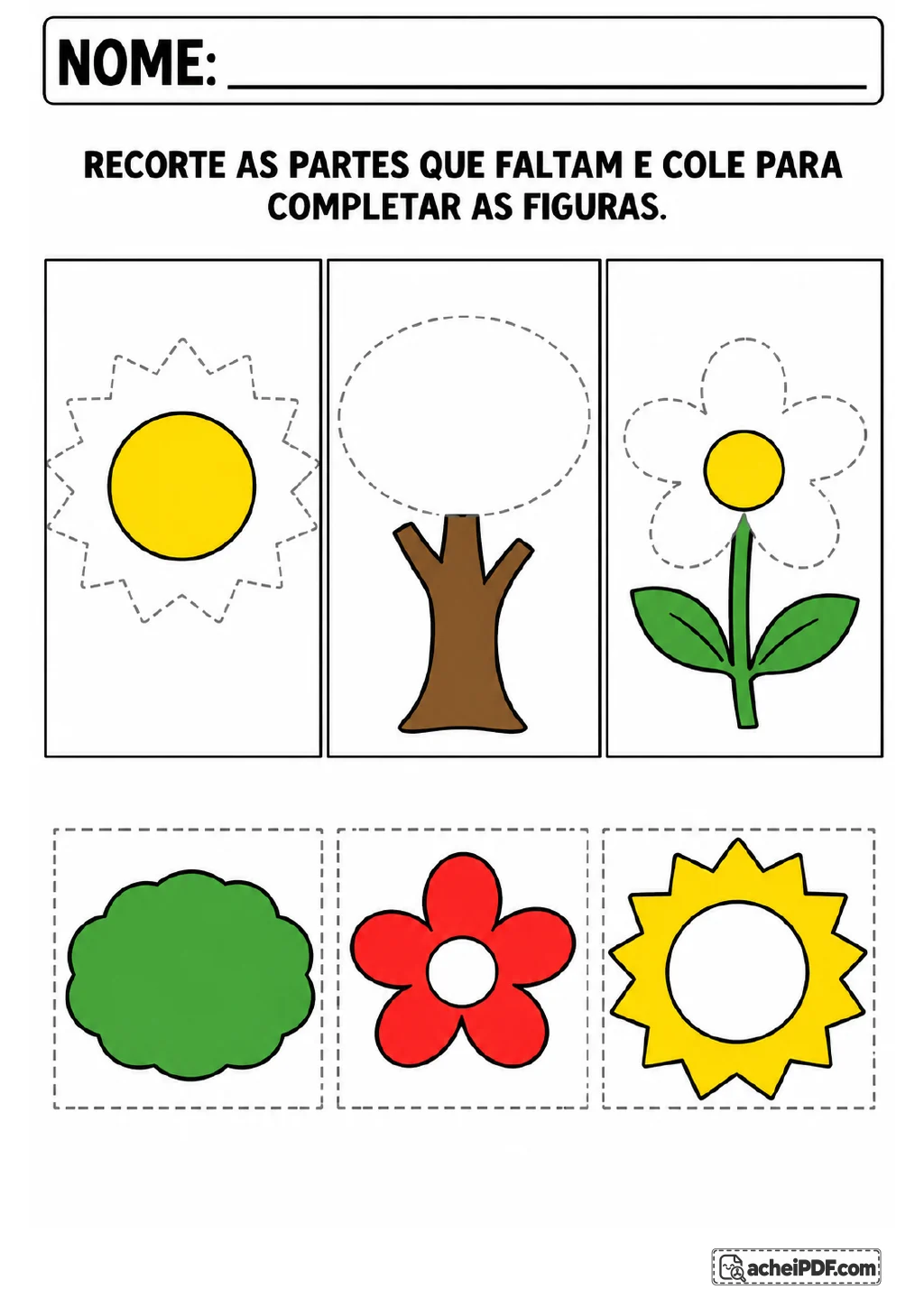 Desenhos incompletos de sol, árvore e flor com áreas tracejadas e peças recortáveis de raios, copa verde e pétalas vermelhas.