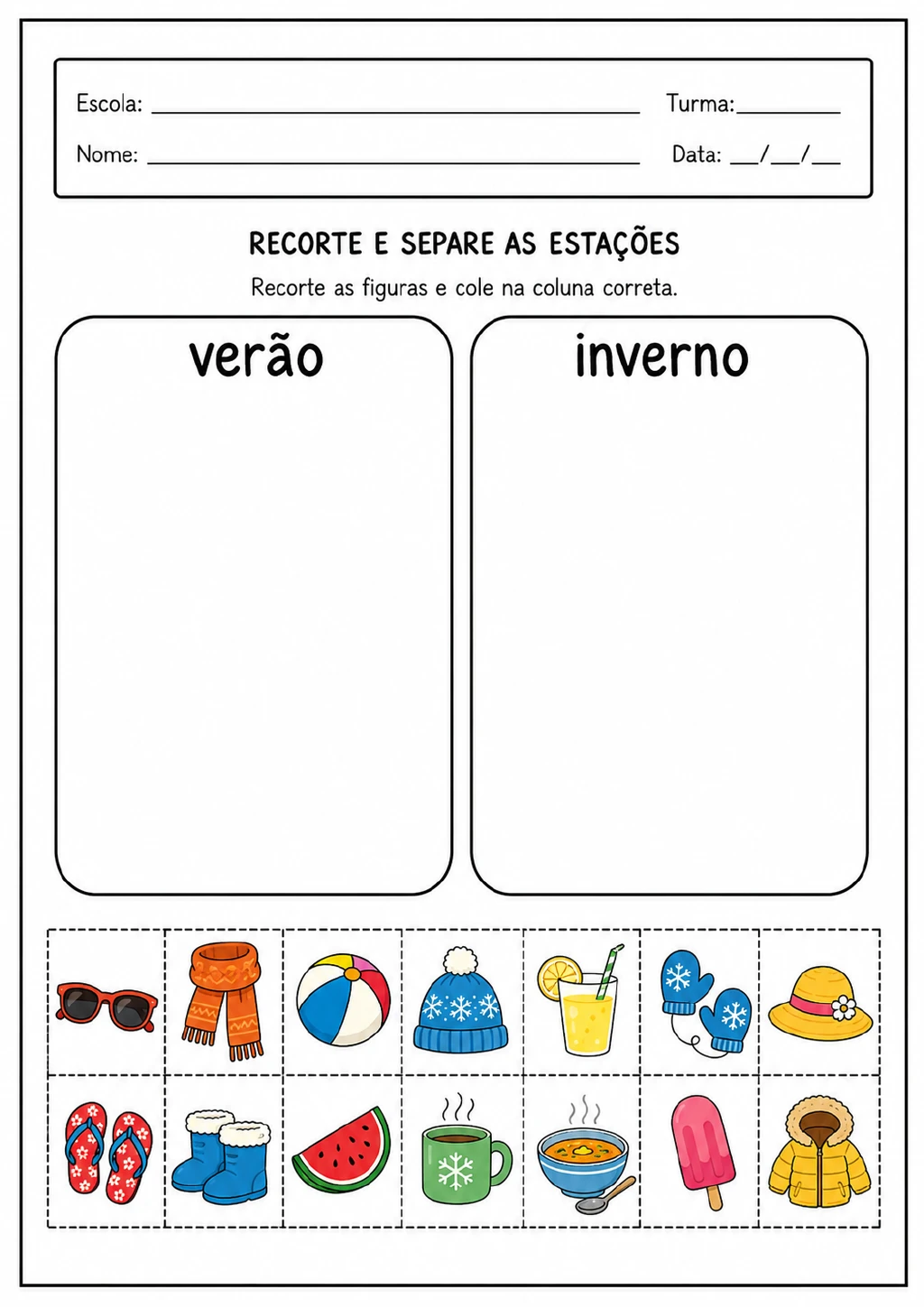 Duas colunas identificadas como verão e inverno, com 14 figuras coloridas destacáveis para recortar.