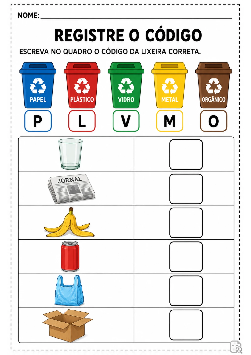 Cinco lixeiras identificadas como papel, plástico, vidro, metal e orgânico, com os códigos P, L, V, M e O.