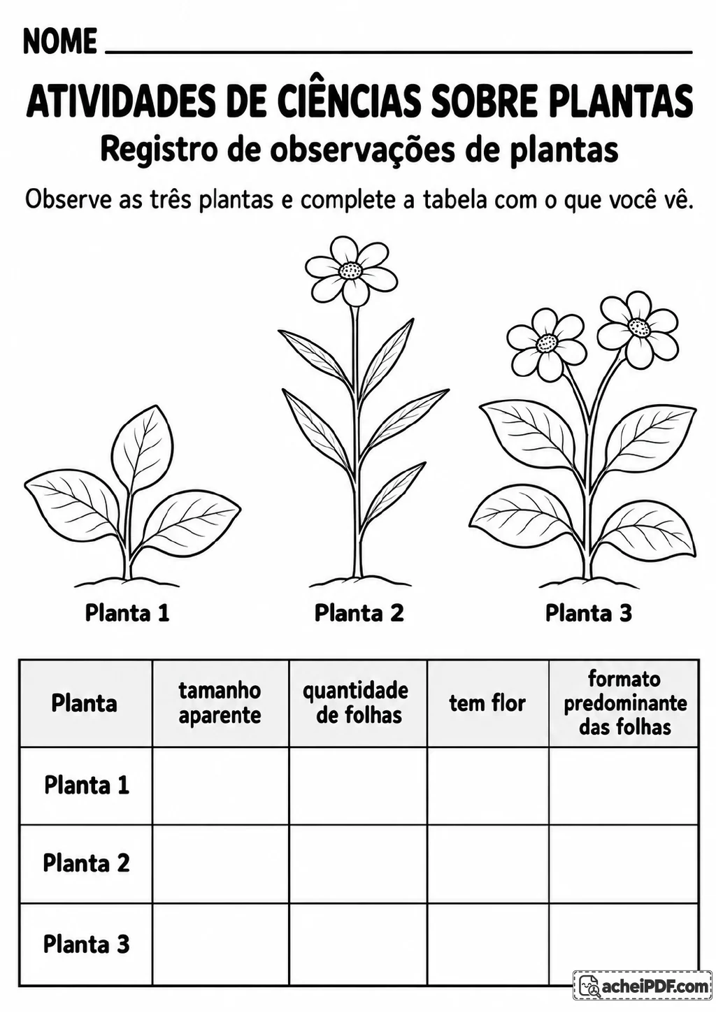 Três desenhos em preto e branco identificados como Planta 1, Planta 2 e Planta 3 ao lado de uma tabela para registrar.