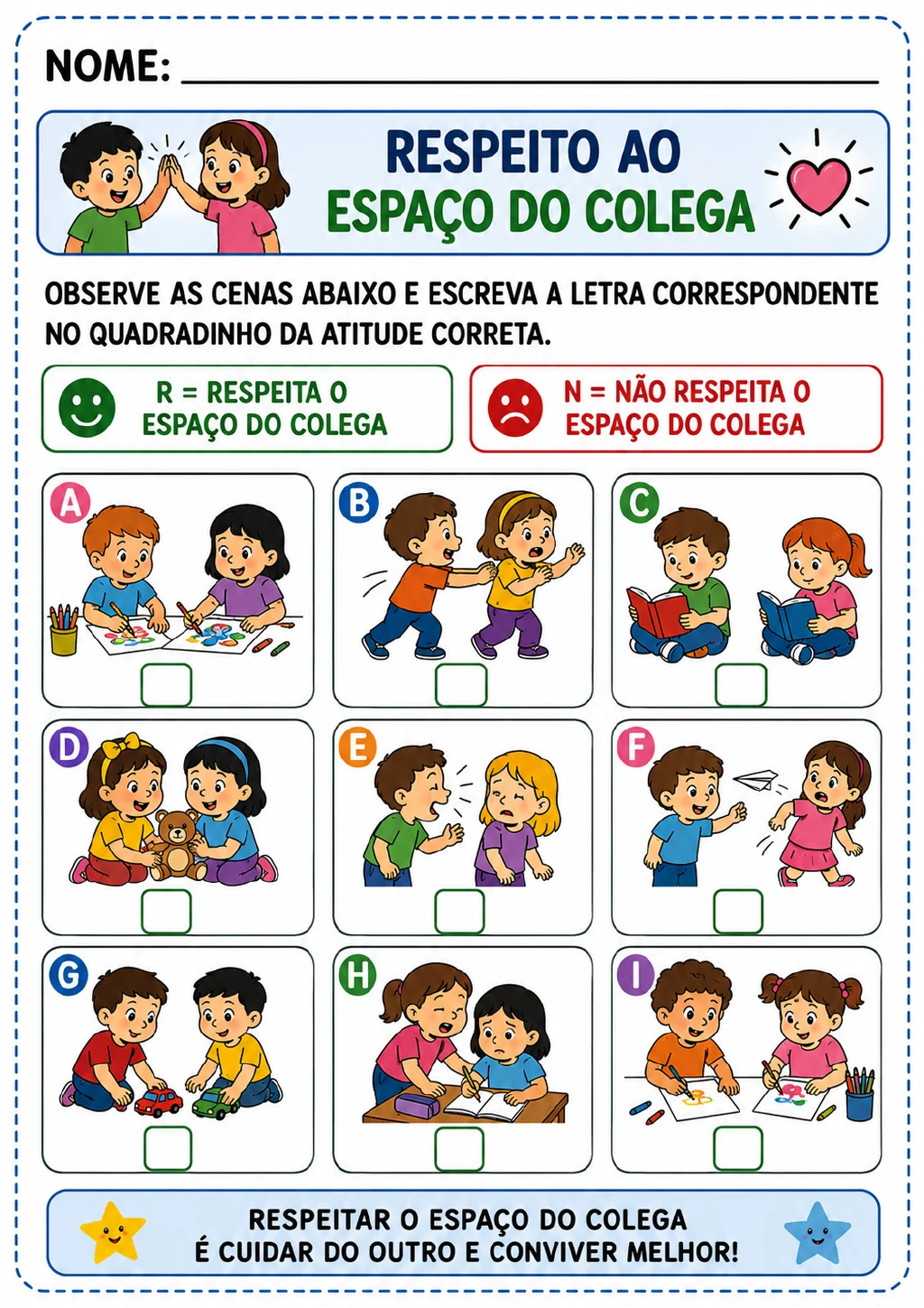 Nove cenas coloridas identificadas de A a I, com crianças, livros, carrinhos, avião de papel.