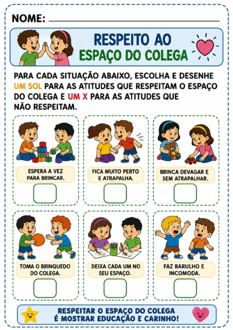 Seis quadros coloridos com crianças em situações de convivência, blocos de montar, ursinho.