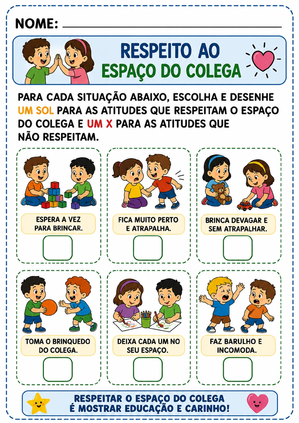 Seis quadros coloridos com crianças em situações de convivência, blocos de montar, ursinho.