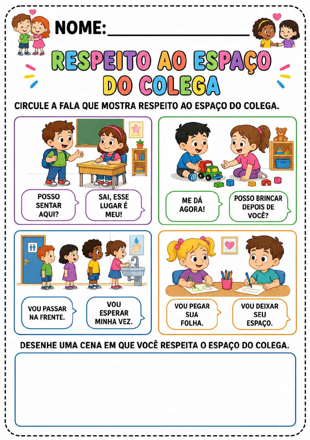Quatro cenas coloridas com crianças, brinquedos, fila, mesa e sala de aula, cada uma com duas falas.