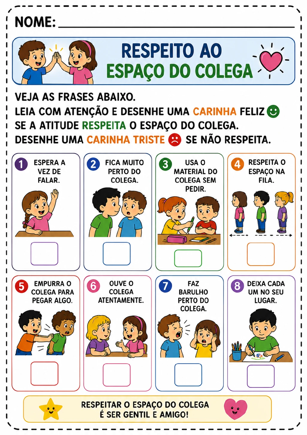 Oito cartões numerados com frases e ilustrações de crianças, fila, mesa e materiais escolares.