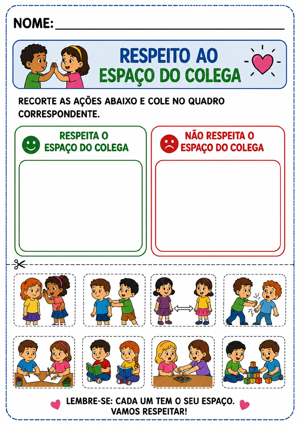 Dois quadros de classificação, um verde e um vermelho, acima de oito cartões de ações com ilustrações infantis.