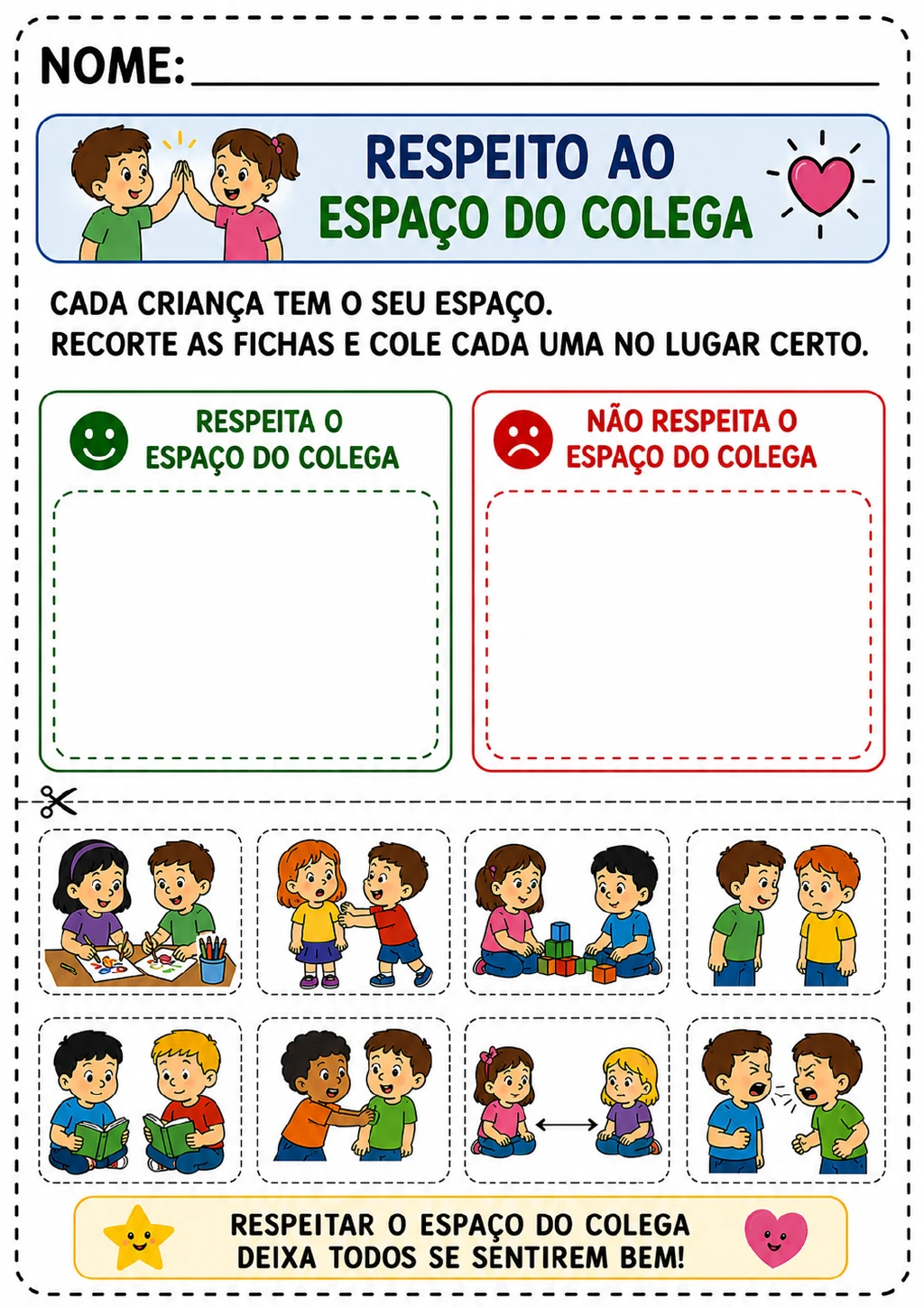 Duas colunas de classificação, uma verde e outra vermelha, e oito fichas com cenas de crianças.