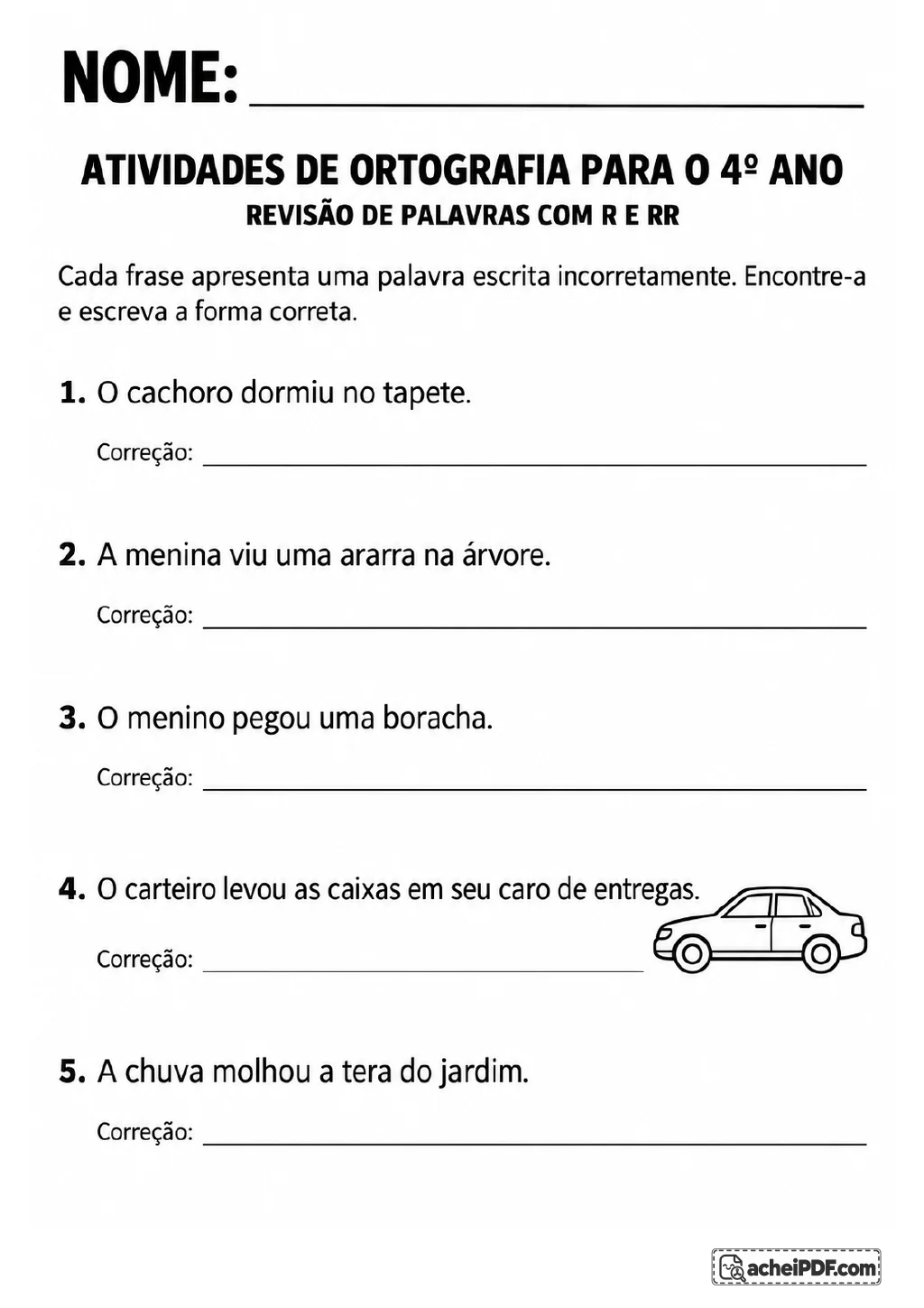 Cinco frases numeradas, linhas identificadas como “Correção” e um desenho de carro ao lado da quarta frase.