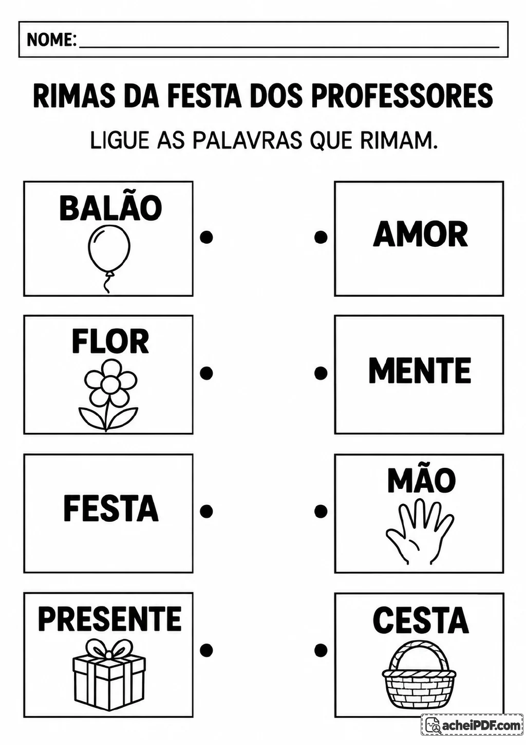 Duas colunas de cartões para ligar palavras que rimam: balão e mão, flor e amor, festa e cesta, presente e mente.
