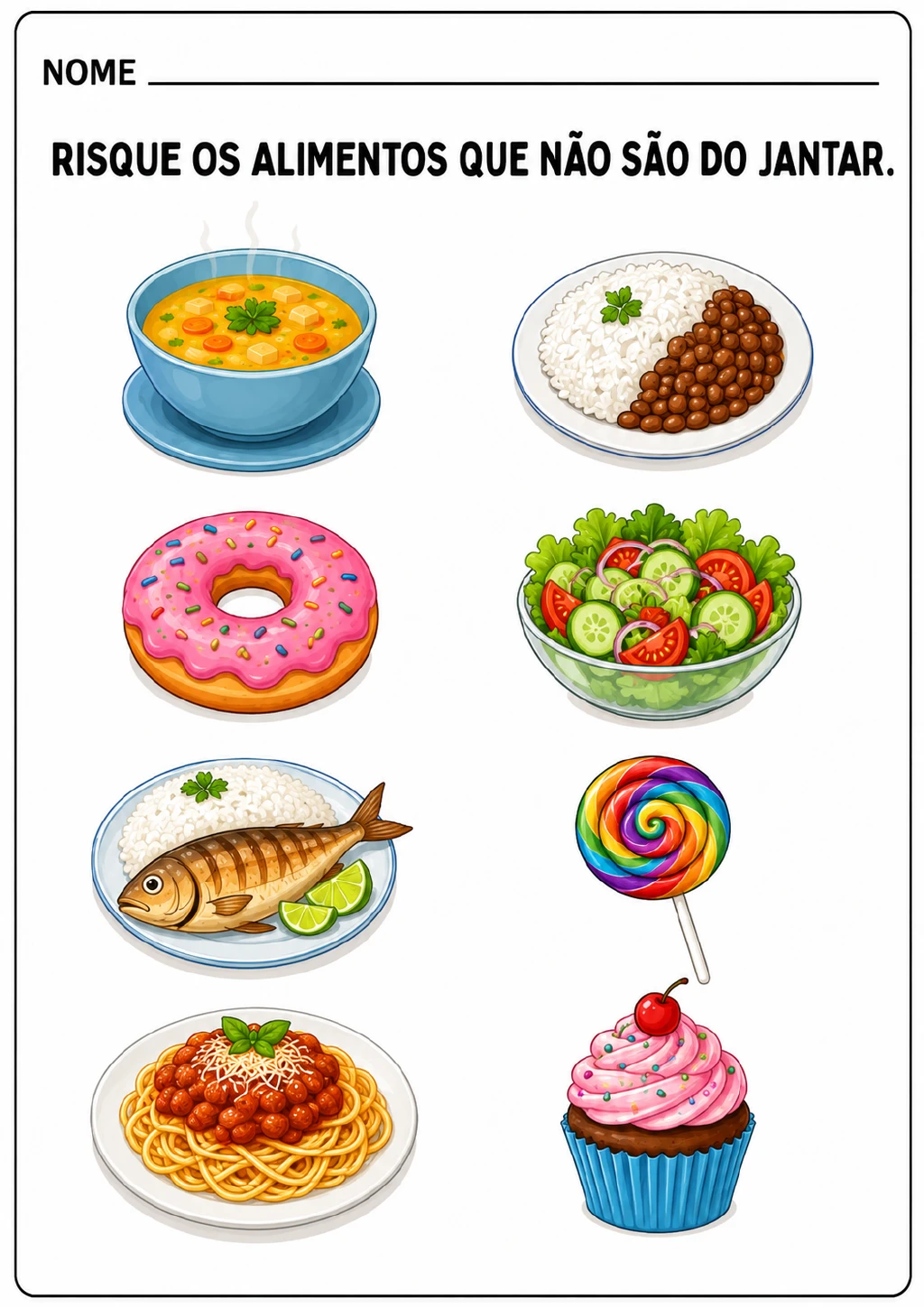 Oito ilustrações de alimentos, em duas colunas, mostram sopa, arroz com feijão, salada, peixe, espaguete, donut.