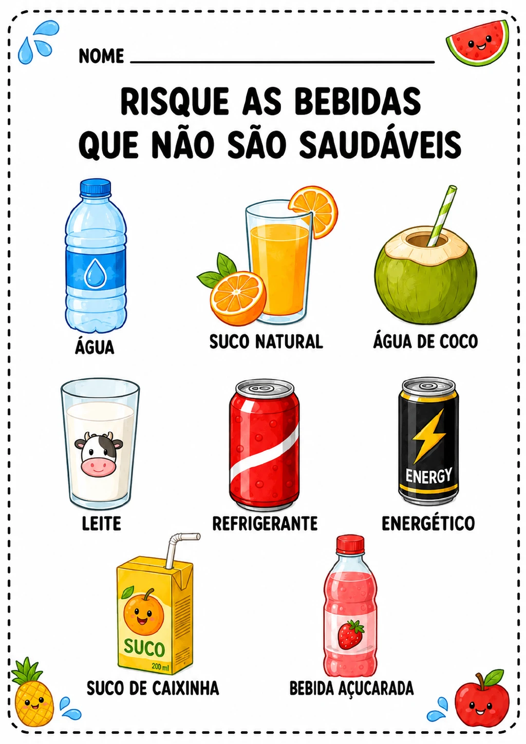 Bebidas ilustradas e identificadas: água, suco natural, água de coco, leite, refrigerante, energético.
