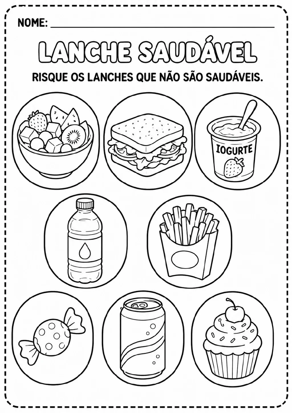Alimentos e bebidas em círculos, incluindo frutas, sanduíche, iogurte, água, batata frita, doce, refrigerante e cupcake.