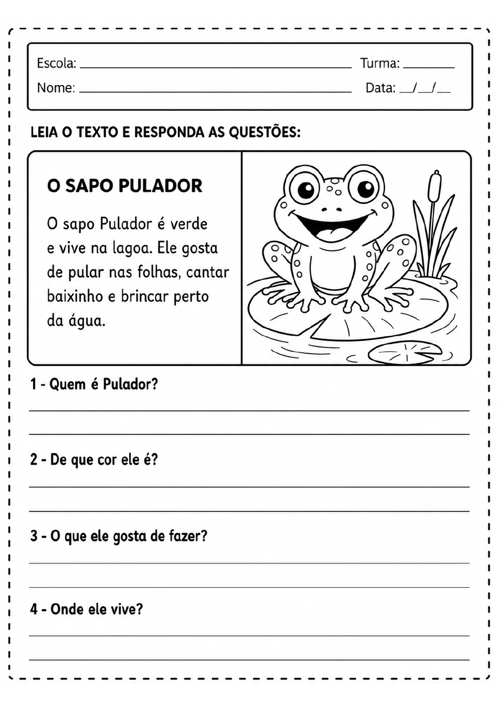 Texto “O sapo Pulador” com quatro perguntas e ilustração de um sapo sobre uma vitória-régia em uma lagoa.